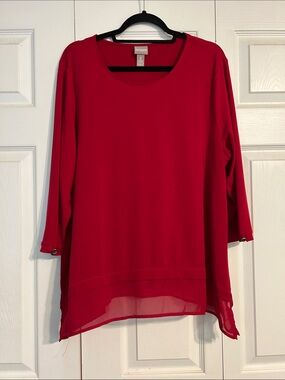 CHICO'S 3 X-Large Vibrant Red Layered-Hem 3/4 Sleeve Tunic Peplum Mixed Media